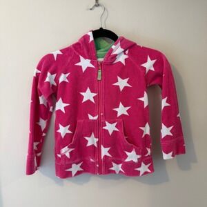 Mini Boden Girls Pink White Star Terry Cloth Zip Up‎ Hoodie Sweatshirt 7-8Y